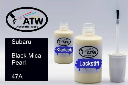 Subaru, Black Mica Pearl, 47A: 20ml Lackstift + 20ml Klarlack - Set, von ATW Autoteile West.